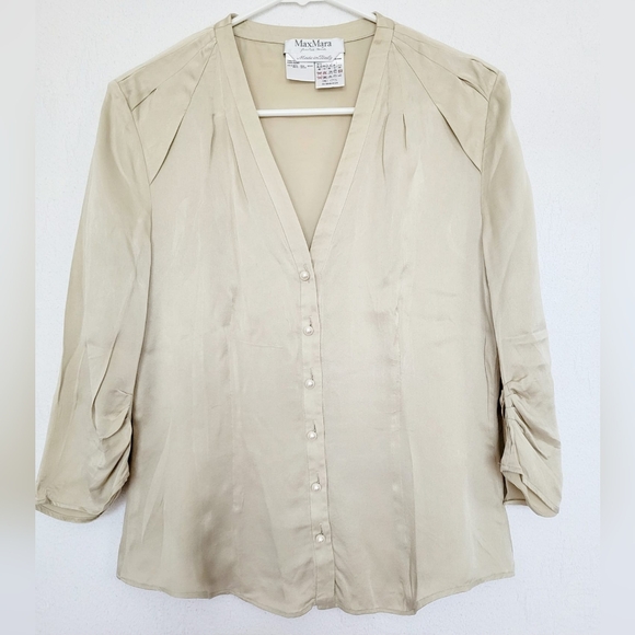 MaxMara Women's Luxury 100%Silk Blouse Pearl Buttons Taupe 10/Medium - Picture 2 of 16